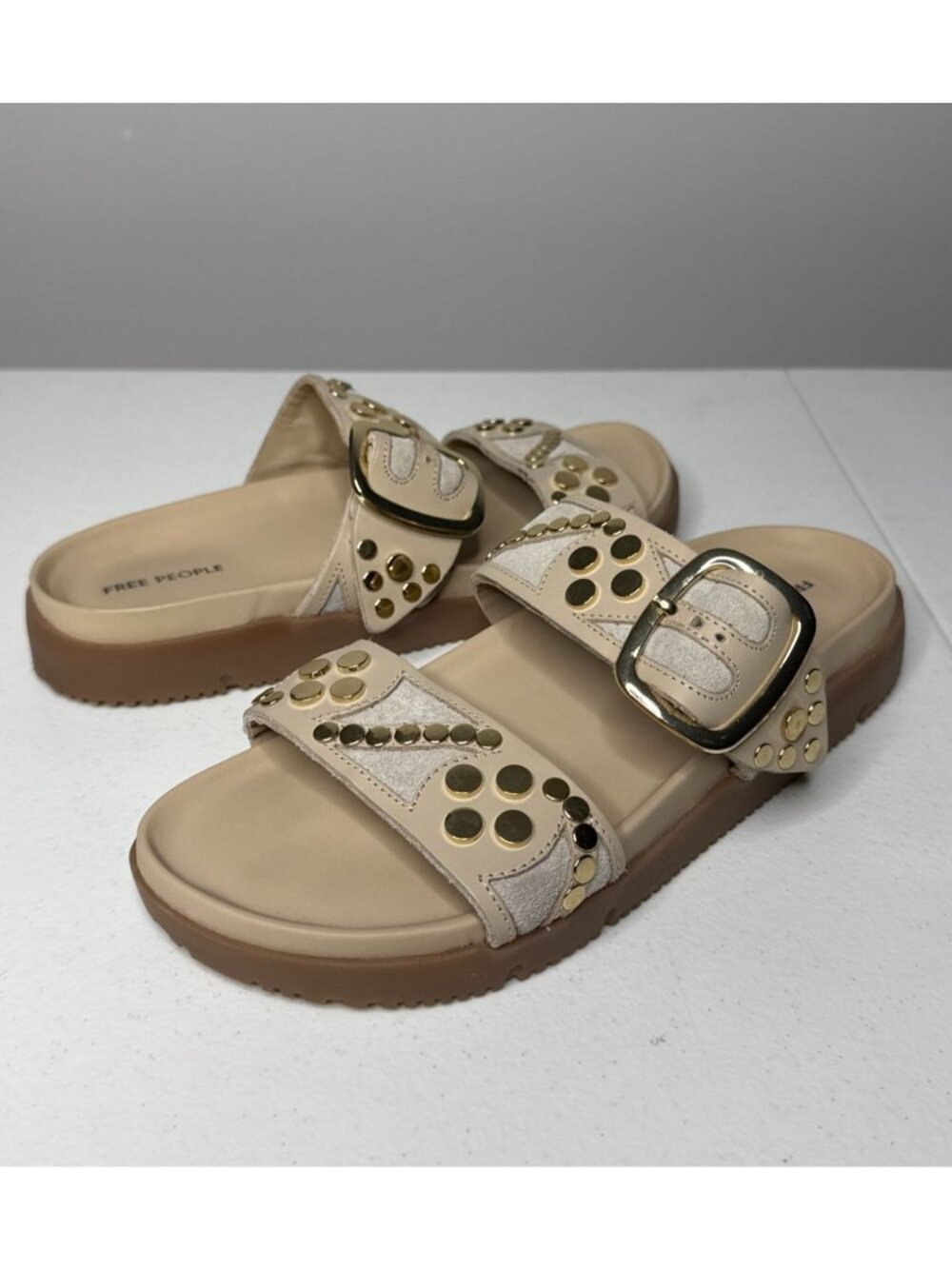 Free People Studded Buckle Slide Sandals Beige Gold Size 9